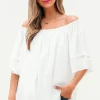 Hot Dear-Lover Frilly Off Shoulder Lace Insert Sleeve Textured Blouse White