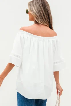 Hot Dear-Lover Frilly Off Shoulder Lace Insert Sleeve Textured Blouse White