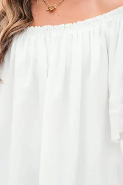 Hot Dear-Lover Frilly Off Shoulder Lace Insert Sleeve Textured Blouse White