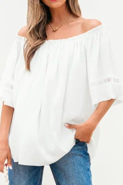Hot Dear-Lover Frilly Off Shoulder Lace Insert Sleeve Textured Blouse White
