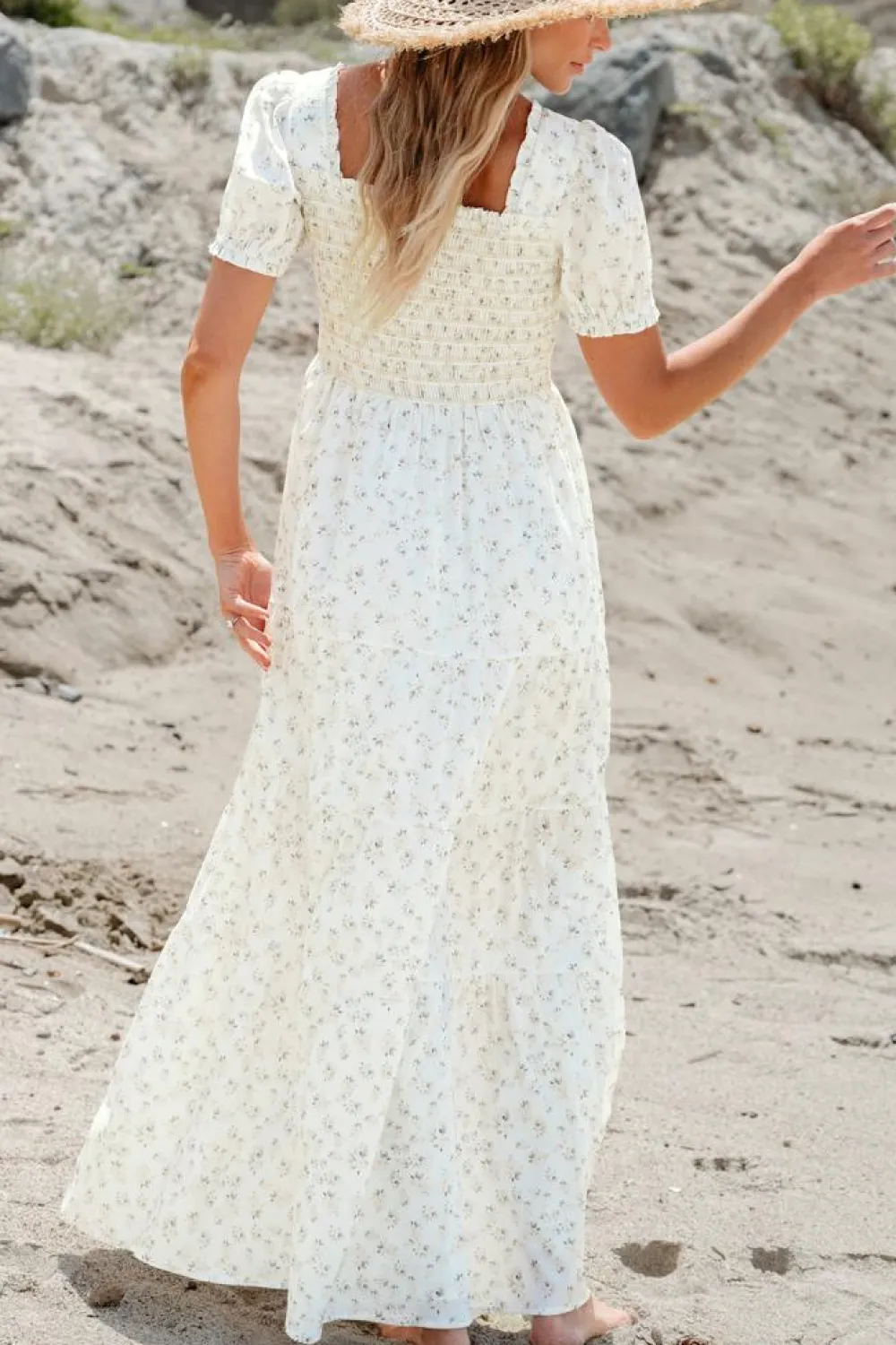 Best Dear-Lover Frilly Shirred Bodice Tiered Floral Maxi Dress White