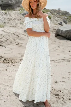 Best Dear-Lover Frilly Shirred Bodice Tiered Floral Maxi Dress White