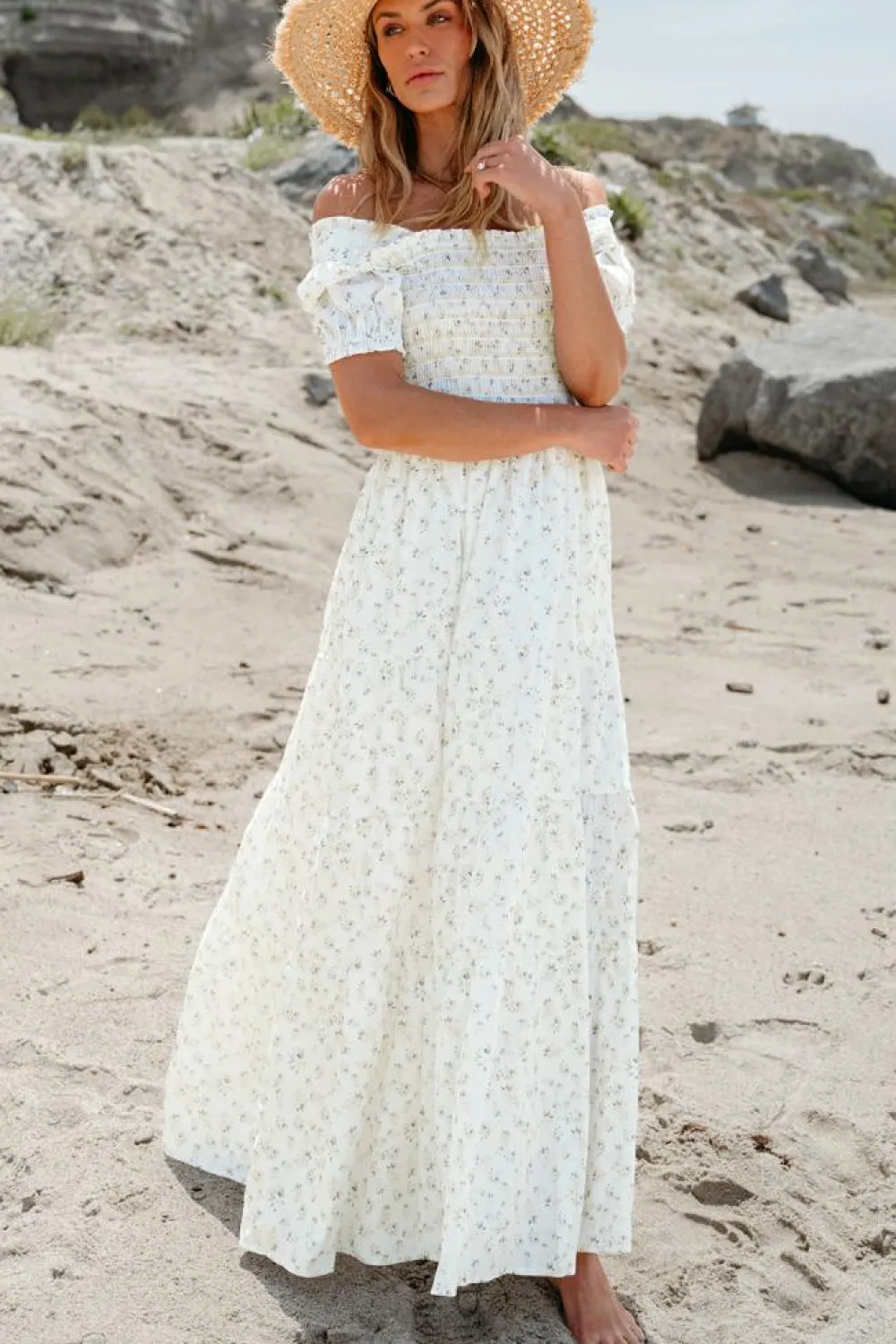 Best Dear-Lover Frilly Shirred Bodice Tiered Floral Maxi Dress White