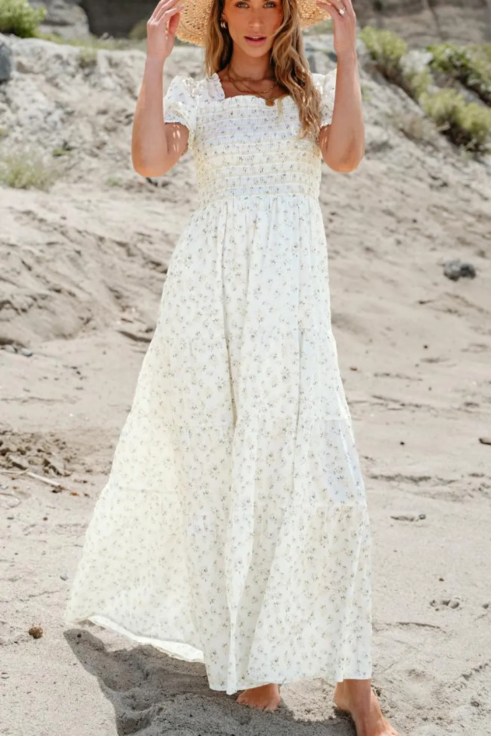 Best Dear-Lover Frilly Shirred Bodice Tiered Floral Maxi Dress White