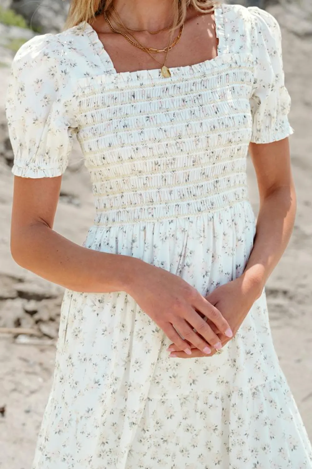 Best Dear-Lover Frilly Shirred Bodice Tiered Floral Maxi Dress White