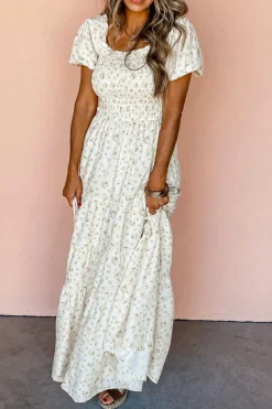 Best Dear-Lover Frilly Shirred Bodice Tiered Floral Maxi Dress White