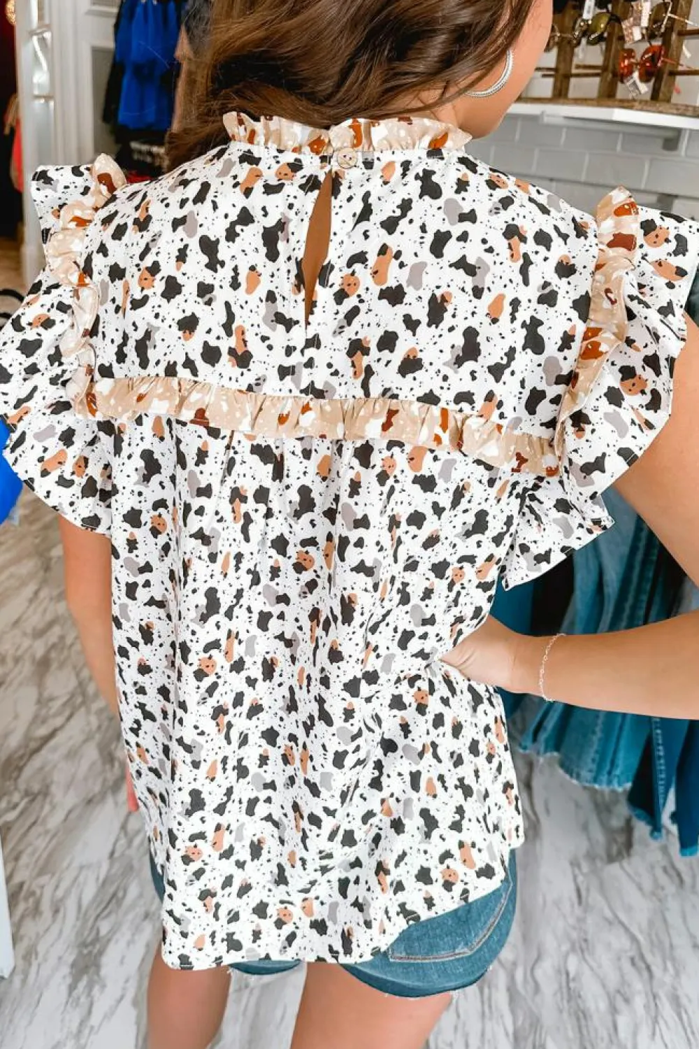 Outlet Dear-Lover Frilly Trim Leopard Animal Spots Blouse White