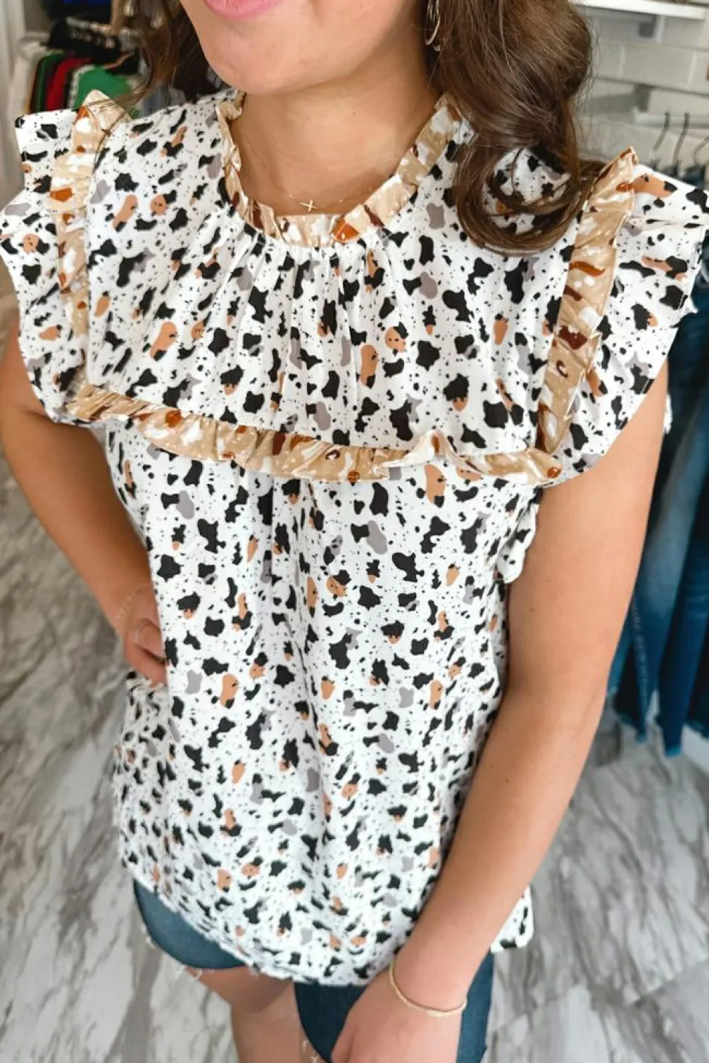 Outlet Dear-Lover Frilly Trim Leopard Animal Spots Blouse White