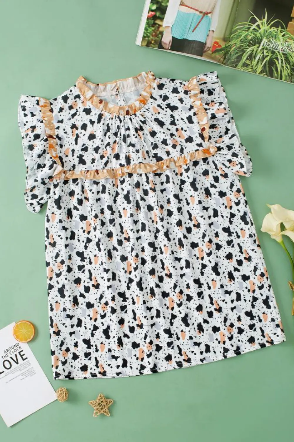 Outlet Dear-Lover Frilly Trim Leopard Animal Spots Blouse White