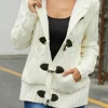 Fashion Dear-Lover Fur Hood Horn Button Sweater Cardigan White