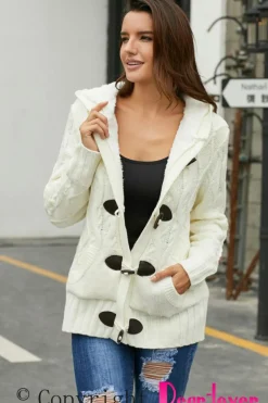 Fashion Dear-Lover Fur Hood Horn Button Sweater Cardigan White
