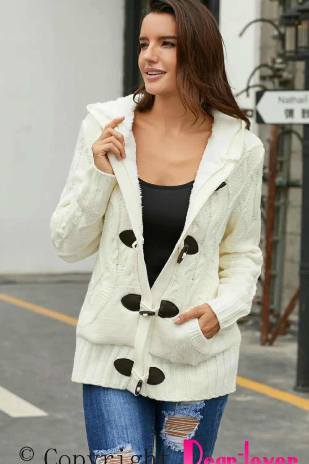 Fashion Dear-Lover Fur Hood Horn Button Sweater Cardigan White