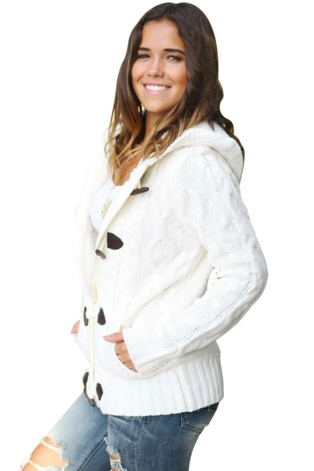 Fashion Dear-Lover Fur Hood Horn Button Sweater Cardigan White