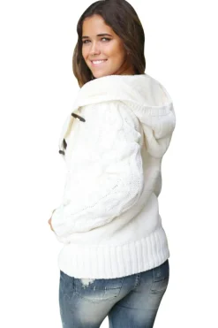 Fashion Dear-Lover Fur Hood Horn Button Sweater Cardigan White