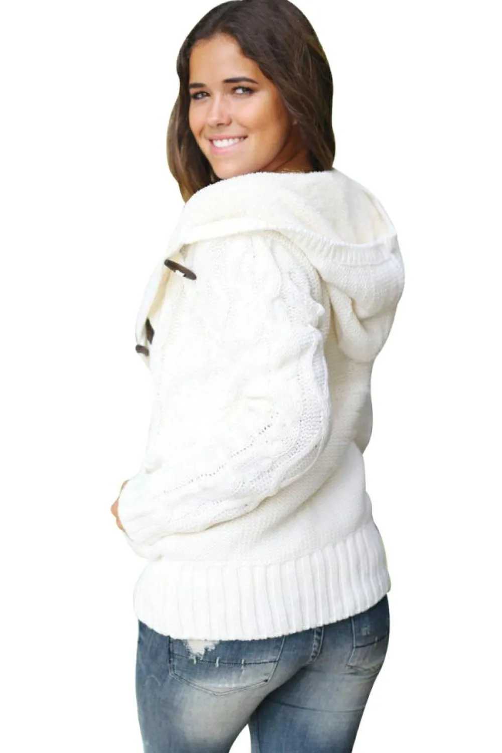 Fashion Dear-Lover Fur Hood Horn Button Sweater Cardigan White