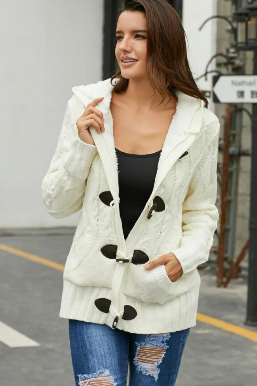 Fashion Dear-Lover Fur Hood Horn Button Sweater Cardigan White
