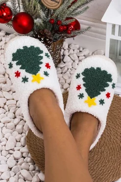 Fashion Dear-Lover Fuzzy Christmas Tree Pattern Home Slippers White
