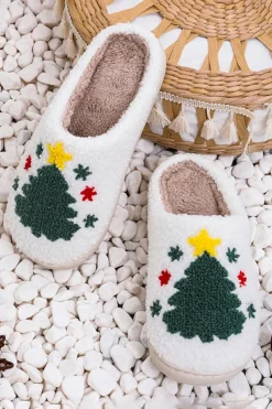 Fashion Dear-Lover Fuzzy Christmas Tree Pattern Home Slippers White