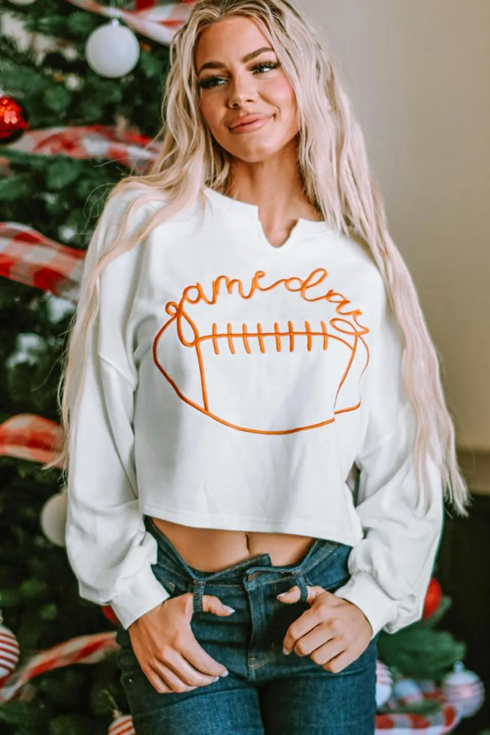 Fashion Dear-Lover Game Day Lettering Rugby Football Notched Neck Sweatshirt White