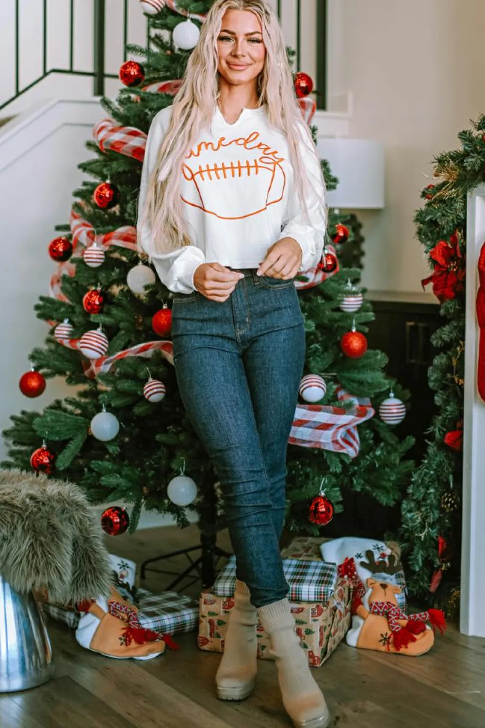 Fashion Dear-Lover Game Day Lettering Rugby Football Notched Neck Sweatshirt White