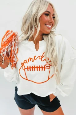 Fashion Dear-Lover Game Day Lettering Rugby Football Notched Neck Sweatshirt White