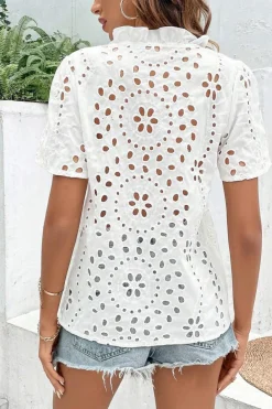 Hot Dear-Lover Geometric Embroidery Hollow Out Blouse White