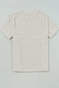 Hot Dear-Lover Geometric Embroidered Slim Fit O Neck T Shirt White