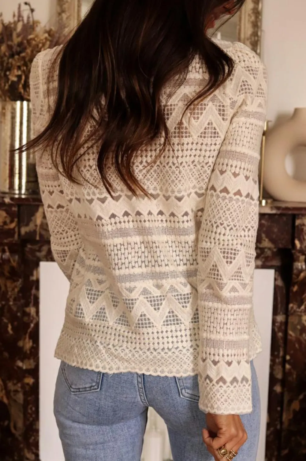 Fashion Dear-Lover Geometric Lace Buttoned Decor Long Sleeve Blouse White