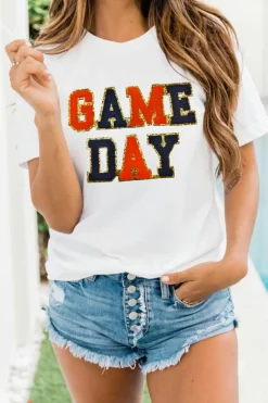 Hot Dear-Lover Glitter GAME DAY Rugby Football Season Round Neck T Shirt White