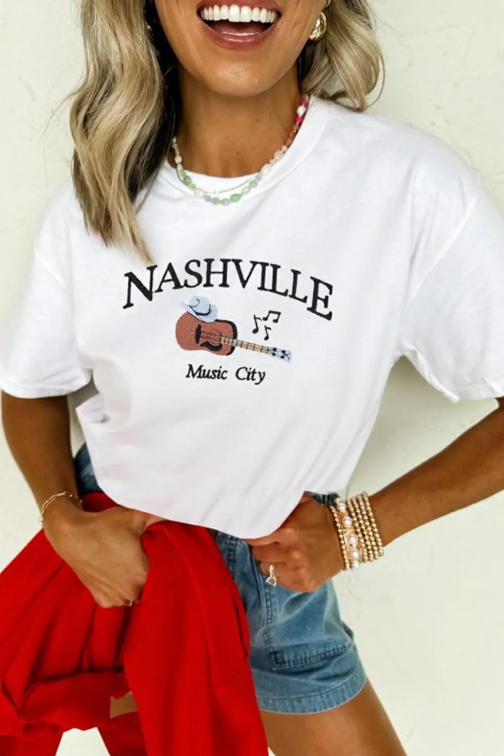 Outlet Dear-Lover Guitar NASHVILLE Music City Print Crewneck Tee White