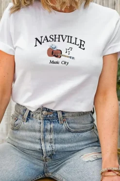 Outlet Dear-Lover Guitar NASHVILLE Music City Print Crewneck Tee White