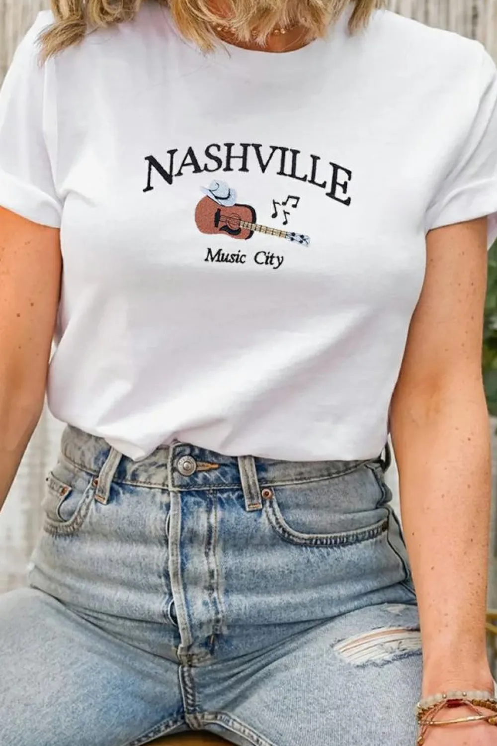 Outlet Dear-Lover Guitar NASHVILLE Music City Print Crewneck Tee White