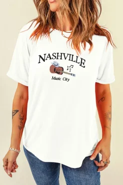 Outlet Dear-Lover Guitar NASHVILLE Music City Print Crewneck Tee White