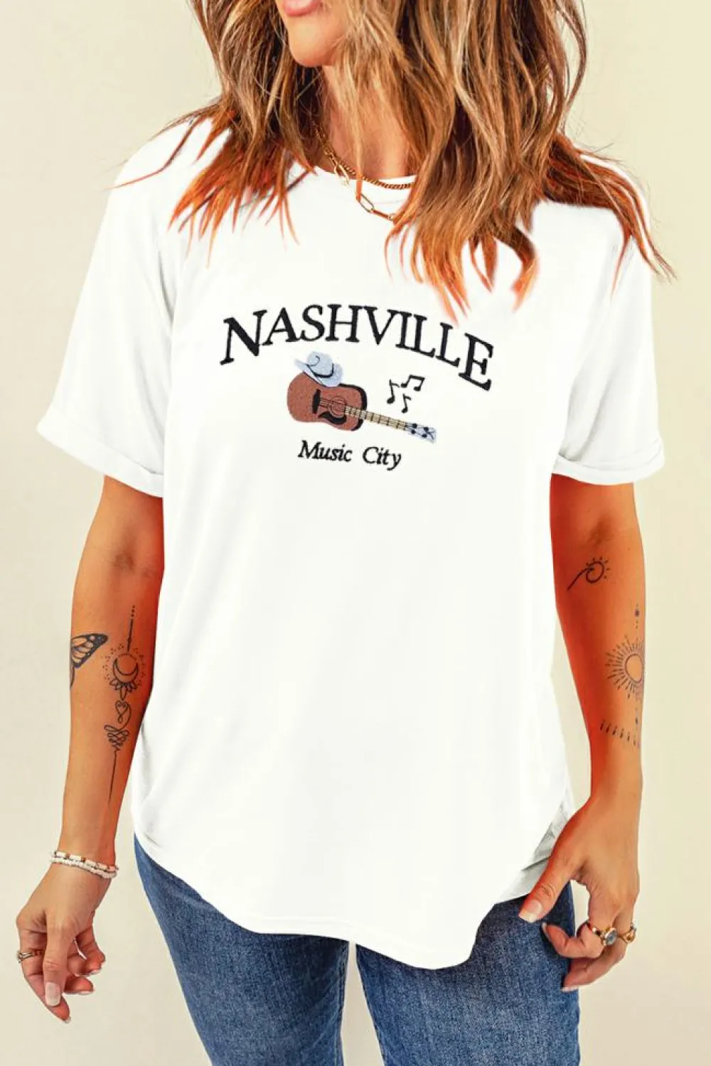 Outlet Dear-Lover Guitar NASHVILLE Music City Print Crewneck Tee White