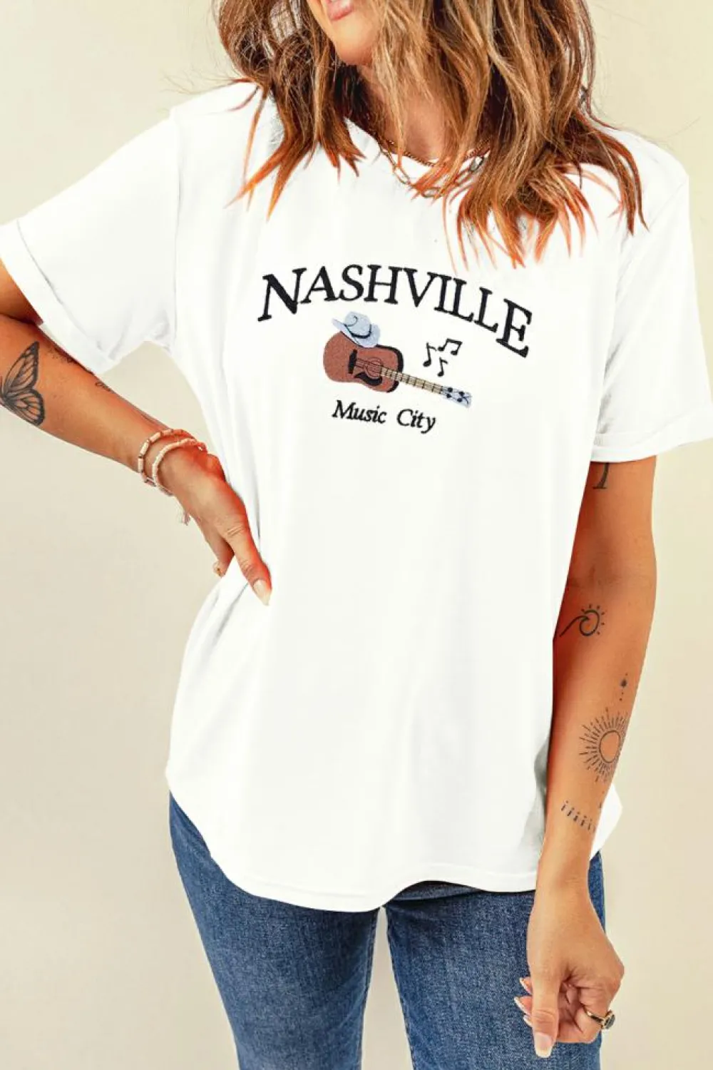 Outlet Dear-Lover Guitar NASHVILLE Music City Print Crewneck Tee White