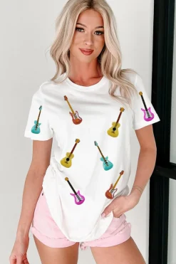 Hot Dear-Lover Guitar Patched Graphic Crew Neck Tee White