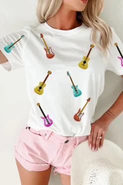 Hot Dear-Lover Guitar Patched Graphic Crew Neck Tee White