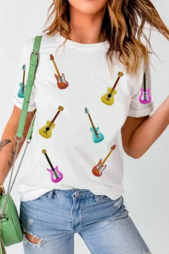 Hot Dear-Lover Guitar Patched Graphic Crew Neck Tee White