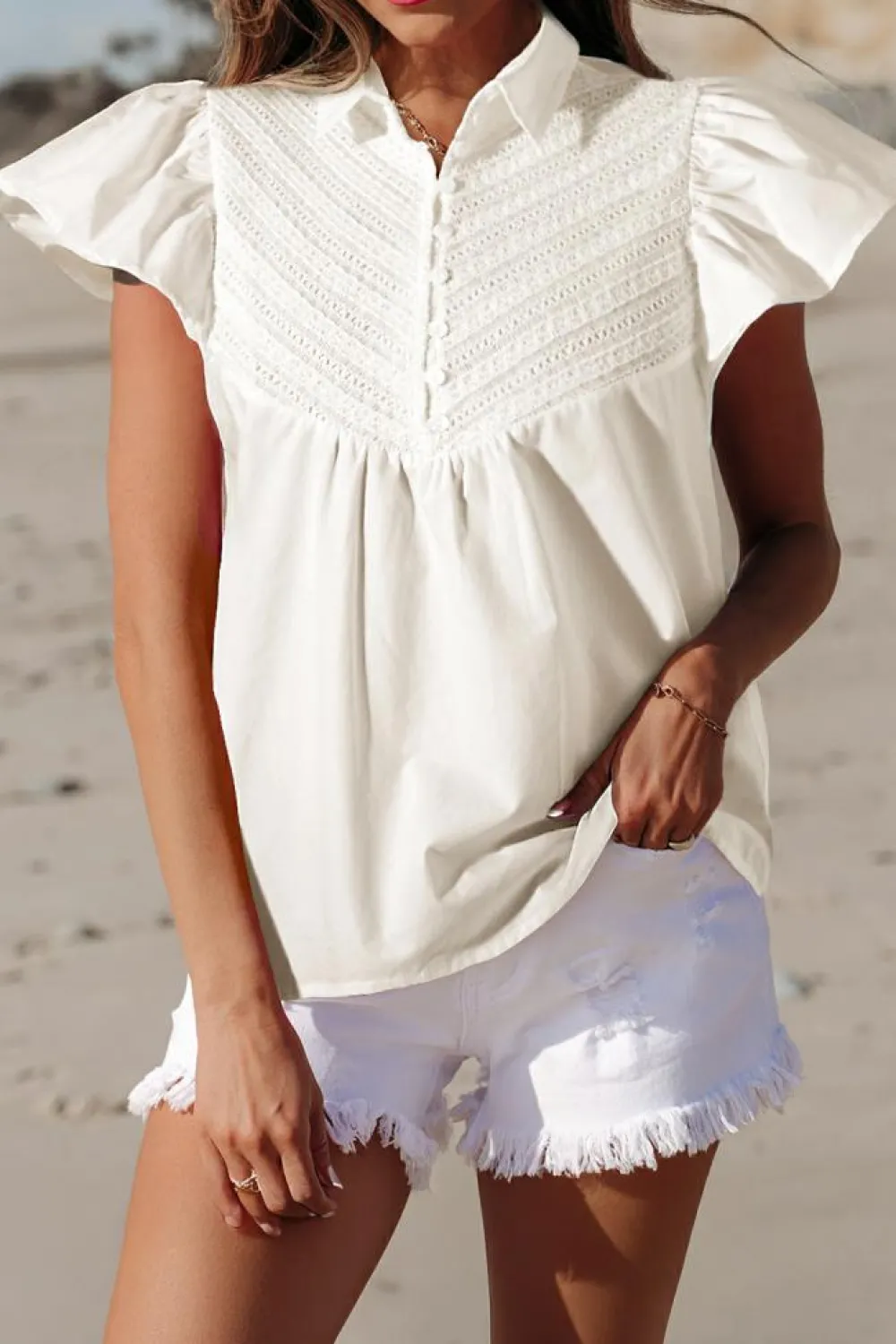 Outlet Dear-Lover Half Button Lace Patchwork Flutter Sleeve Blouse White