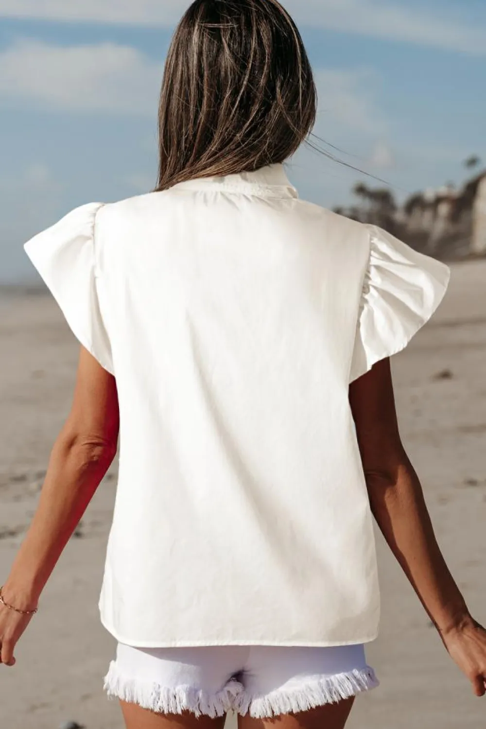 Outlet Dear-Lover Half Button Lace Patchwork Flutter Sleeve Blouse White