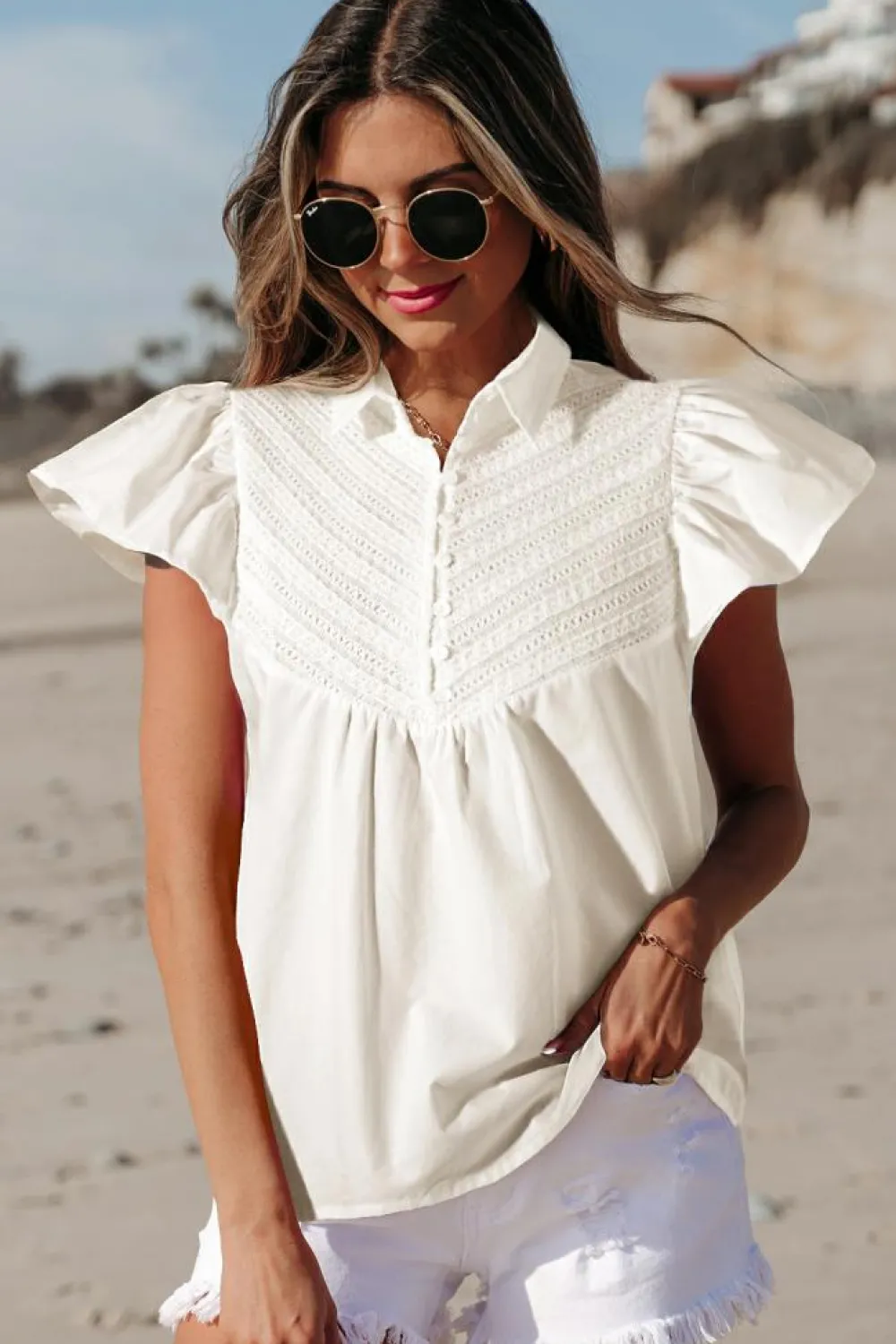 Outlet Dear-Lover Half Button Lace Patchwork Flutter Sleeve Blouse White
