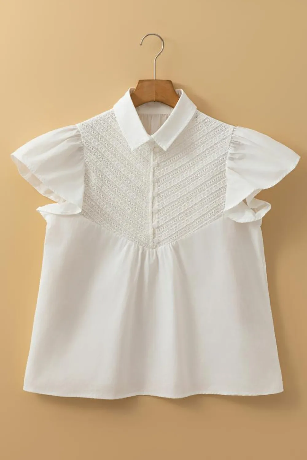 Outlet Dear-Lover Half Button Lace Patchwork Flutter Sleeve Blouse White
