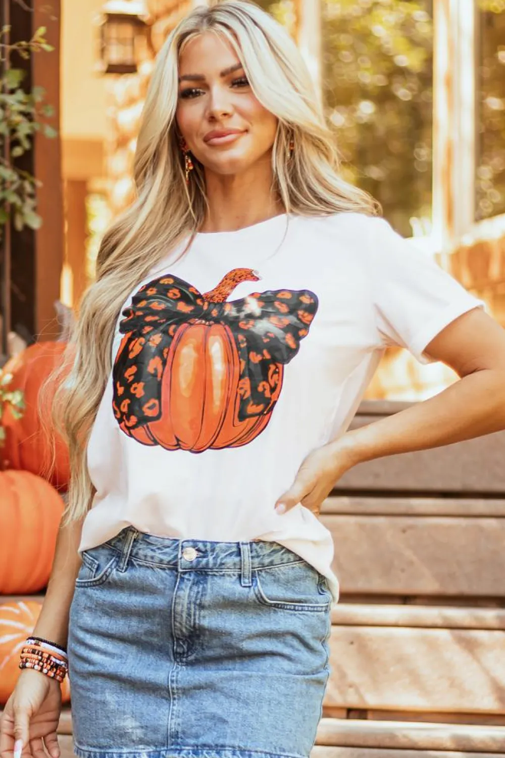 Online Dear-Lover Halloween Bowknot Pumpkin Graphic Crewneck T Shirt White