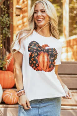 Online Dear-Lover Halloween Bowknot Pumpkin Graphic Crewneck T Shirt White