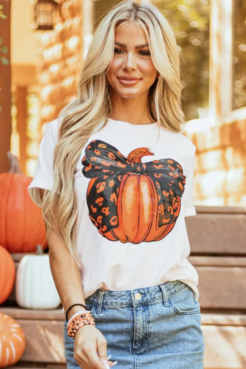 Online Dear-Lover Halloween Bowknot Pumpkin Graphic Crewneck T Shirt White