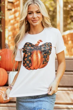 Online Dear-Lover Halloween Bowknot Pumpkin Graphic Crewneck T Shirt White