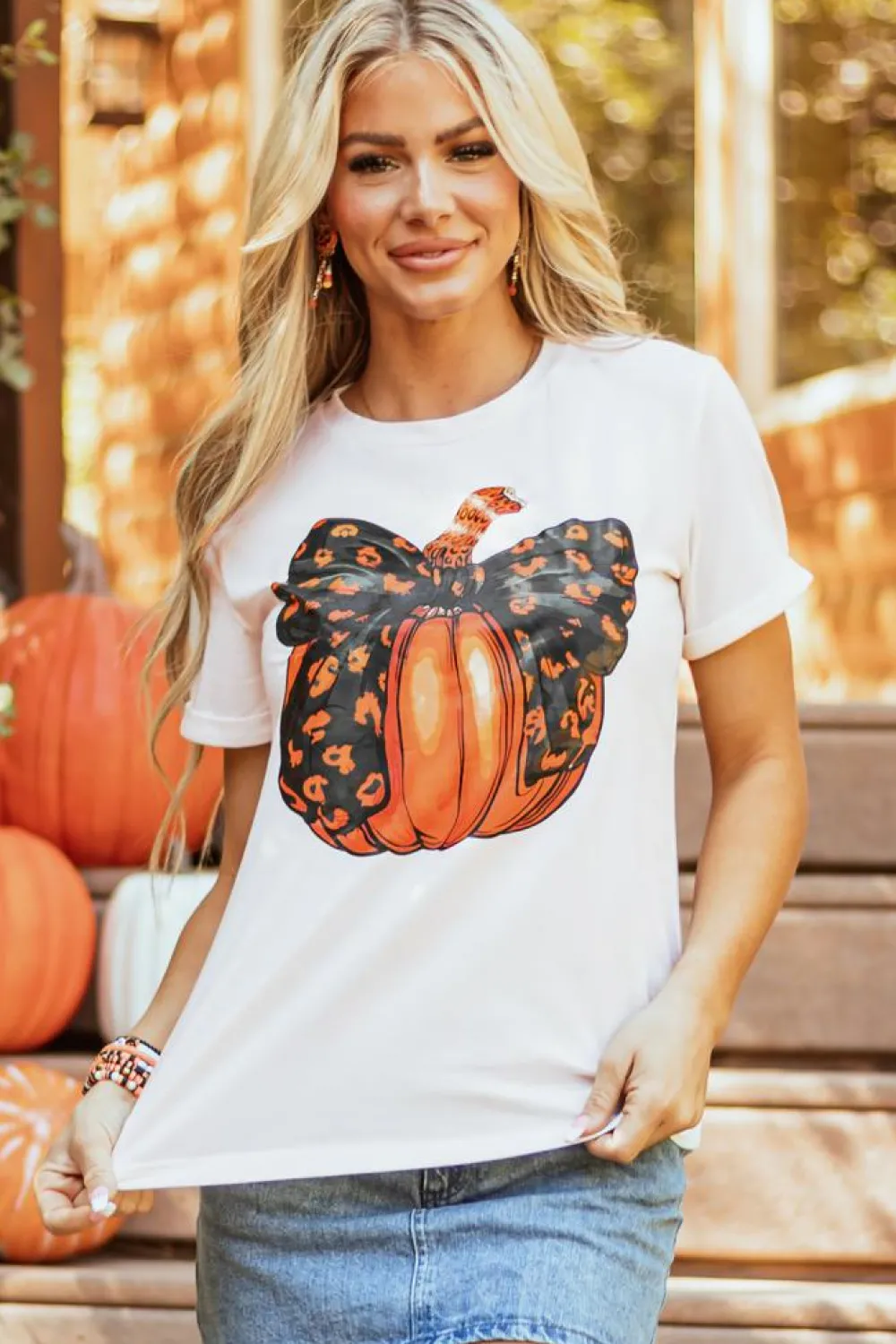 Online Dear-Lover Halloween Bowknot Pumpkin Graphic Crewneck T Shirt White