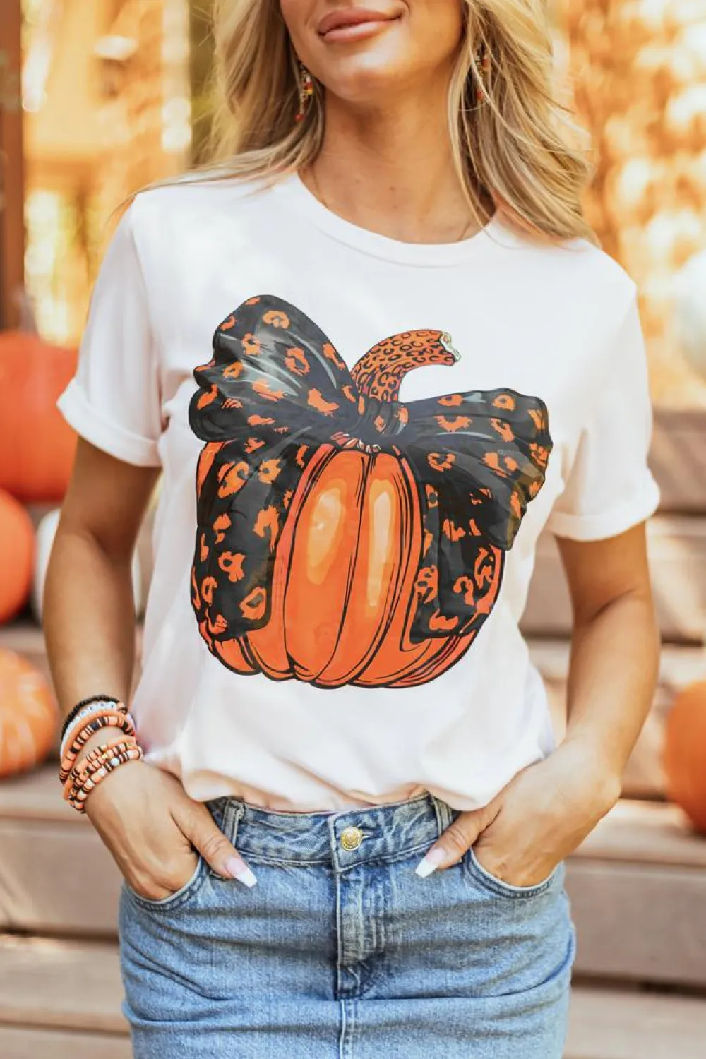 Online Dear-Lover Halloween Bowknot Pumpkin Graphic Crewneck T Shirt White