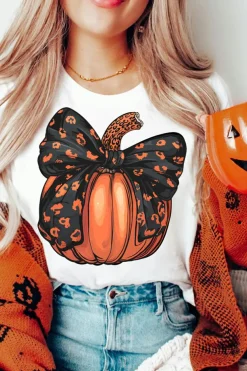 Online Dear-Lover Halloween Bowknot Pumpkin Graphic Crewneck T Shirt White