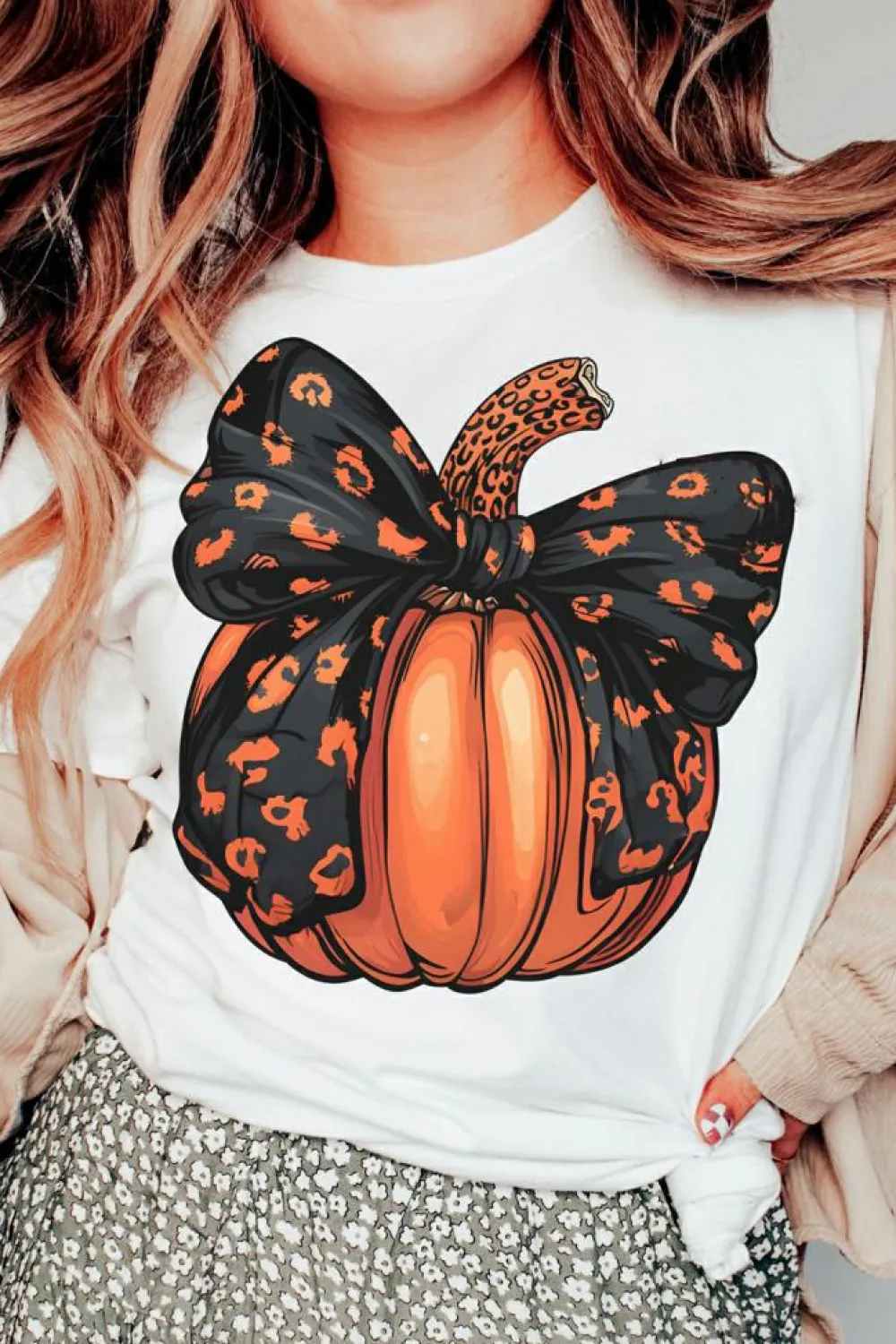 Online Dear-Lover Halloween Bowknot Pumpkin Graphic Crewneck T Shirt White